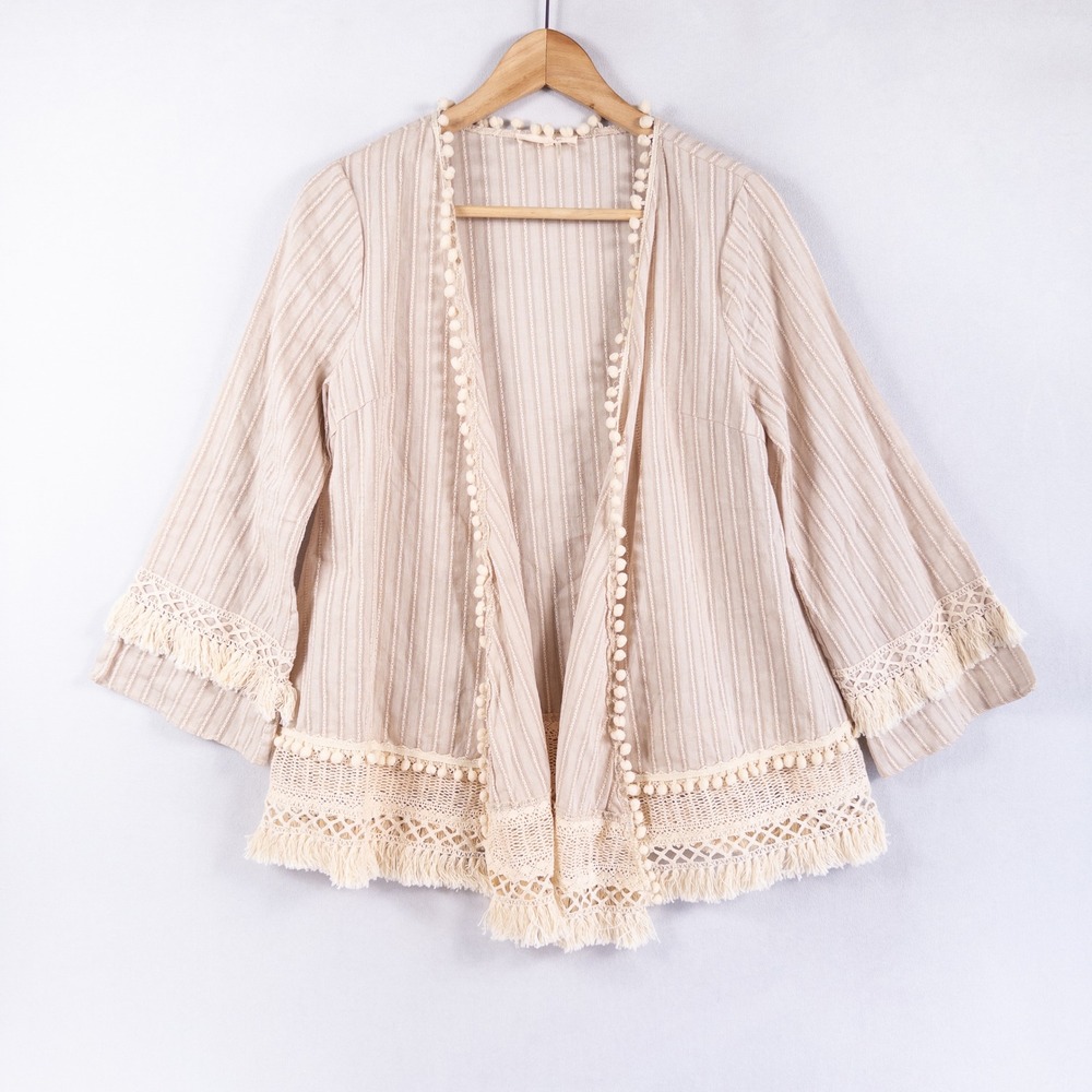 Ryu Women Cardigan Topper Small Beige Boho Pom Pom Lace Fringe Stripe Open Front